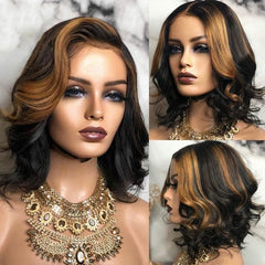 Short Loose Wave Curly End Highlight Brown Human Hair Wigs T part Lace Front Wigs