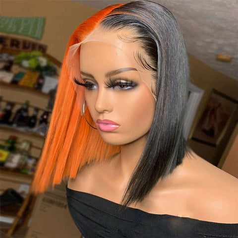 Half Orange Half Black Bob Wig T Part Lace Front Wig Real Human Hair Pre Plucked