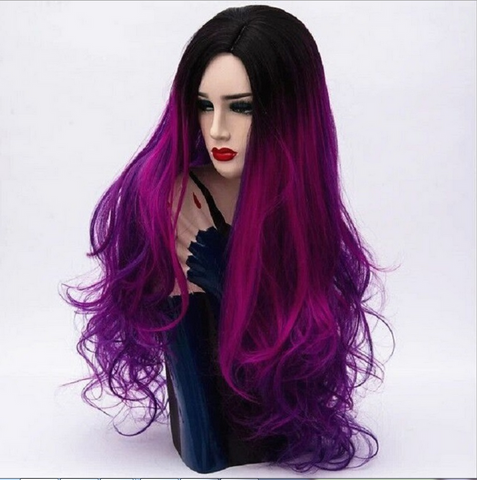 3 Tone Long Curly Synthetic Wig Ombre Color Black to Pink to Purple Hair Heat