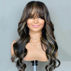 Long Black Mixed Blonde Body Wave Wig with Bangs Brazilian Human Hair Wavy Wigs