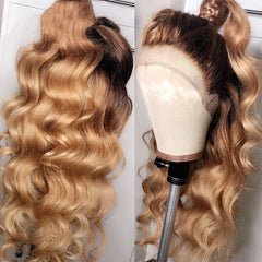 Long Wavy T Lace Front Wig Dark Root Ombre Golden Brown Synthetic Wigs Natural