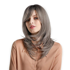 Long Ombre Grey Wavy Wig Shoulder Length Synthetic Hair Wigs With Bangs