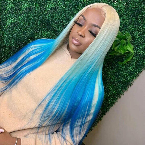 Blonde Blue Wig Ombre Colored Lace Front Wigs Synthetic Glueless Heat Resistant