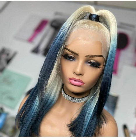 Women Long Blone Dark Blue Lace Front Wig Heat Safe Party Costumes Natural Hair