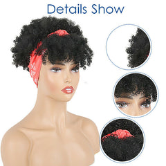 Afro Women's Short Kinky Curly Brown Wig Headband Wig Headwrap Wig Turban Wig