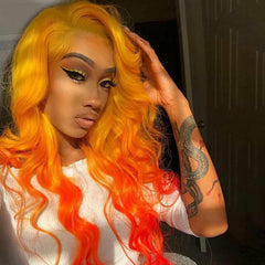 Sexy Yellow Orange Ombre Lace Front Wigs Body Wave Synthetic Heat Resistant Hair