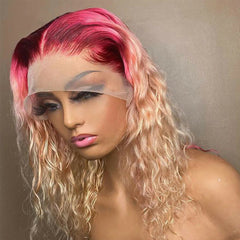 Short Curly Bob Wigs Pink Ombre Blonde 13x4 T Part Lace Front Human Hair Wig