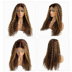 13x4 T Part Lace Front Human Hair Wigs Medium Brown Highlighted Blonde Curly Wig