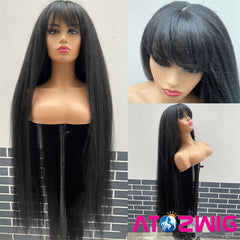 48 INCH Supper Long Kinky Straight Wigs with Bangs for Women Fashion Yaki Hair