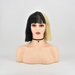 Two Tone Wig With Bang Black Blonde Short Straight Wigs Cosplay Wigs Heat Safe