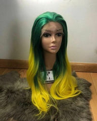 Women Long Straight Green Yellow Mixed Lace Front Wig Heat Safe Party Fiber Wig