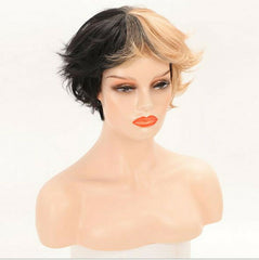 Short Curly Wave Ombre Orange Brown Mix With Black Side Synthentic Wig