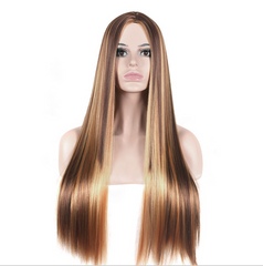 24" Brown Blonde Highlights Wigs Long Straight Natural Synthetic Hair for Women