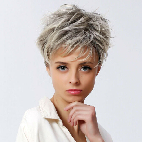 Natural Short Pixie Cut Layered Blonde Gray Wigs Synthetic For Women Daily Use