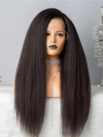 Long 24" Yaki Kinky Straight Wigs Synthetic Afro Kinky Full Wigs for Black Women