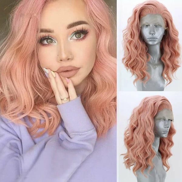 Sexy Natural Pink Curly Wave Synthetic Lace Front Wig Heat Resistant Fiber Hair