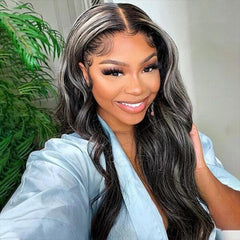 Long Black Highlight Gray Wig T Lace Front Wig Synthetic Heat Resistant Full Wig
