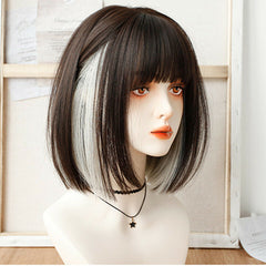 Short Bob Straight Wig with Bangs Brown Silver Synthetic Hair Wigs Cosplay Soft