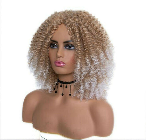 Short Curly Afro Wigs for Women Brown White Kinky Synthetic Heat Resistant