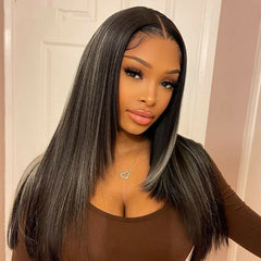 Long Black Ash Blonde Highlight Synthetic Wig Straight Middle Part Glueless Wigs