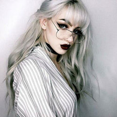 Women's Silver Gray Dark Roots Long Wavy Synthetic Wig with Bangs Cosplay Party