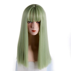 Long Straight Wig with Bangs Light Green Synthetic Hair Wig Cosplay Lolita
