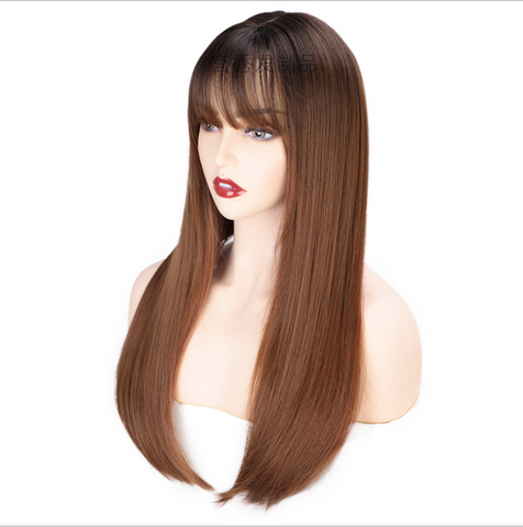 Brown Straight Wigs with Bangs Synthetic Wigs for Women Daily Natural Hair Wig