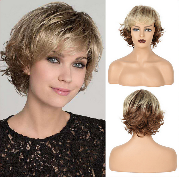 Ladies short hair fluffy curled two-tone highlighting Ombre Blonde synthetic