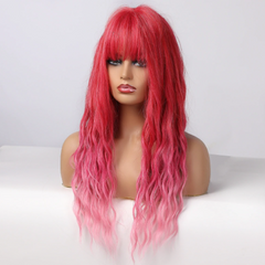 Pink Ombre Synthetic Hair Wigs Long Wavy Bangs Heat Resistant For Woamans Wigs