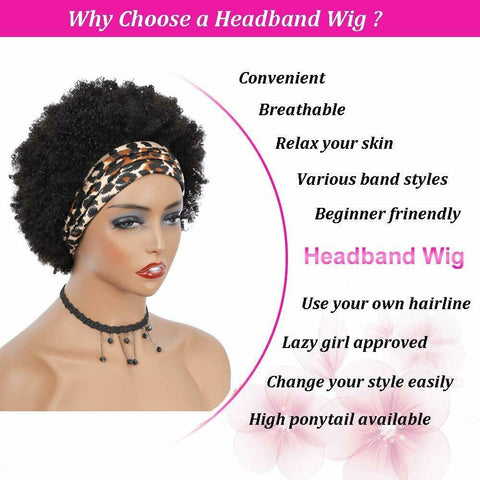 Headband Wig Human Hair Short Afro Kinky Curly Headband Wigs for Black Women