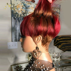 Pixie Cut Wine Red Brown Mixed Ombre Wig With Bangs For Women Synthetic Hair Wig