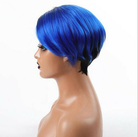 Short Straight Synthentic Wig Black Root With Blue Mix Wig Side Part Heat Resist