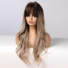 Brown Ombre Wavy Long Synthetic Wigs Bangs Heat Resistant Cosplay Natural Hair