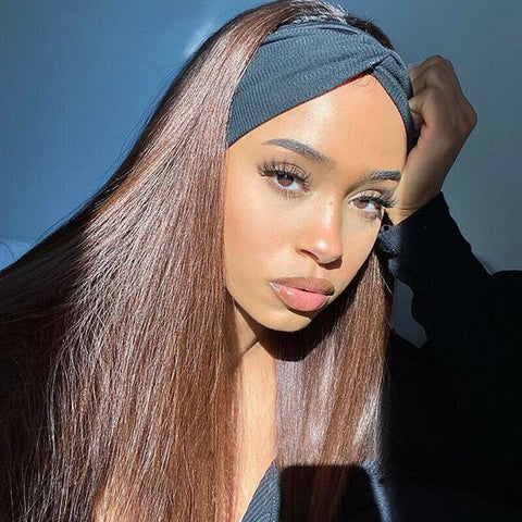 Long HeadBand Wigs Straight Dark Brown Natural Synthetic Wigs for Black Women