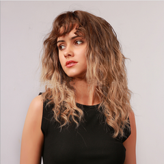 Brown Blonde Ombre Synthetic Heat Resistant Wig Bangs Women Cosplay Natural Hair