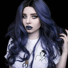 Ombre Blue Wigs for Women Long Curly Wavy Synthetic Hair Natural Middle Parting