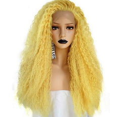24" Yaki Lace Front Wig Long Kinky Curly Yellow Full Wigs Synthetic Hair Party
