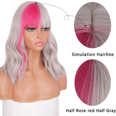 Synthetic Wig With Bangs Half Rose Purple Half Gray Wig Highlight Cosplay Party
