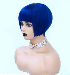 Human Hair Wigs Pixie Cut Blue Bob Straight None Lace Machine Wigs With bangs