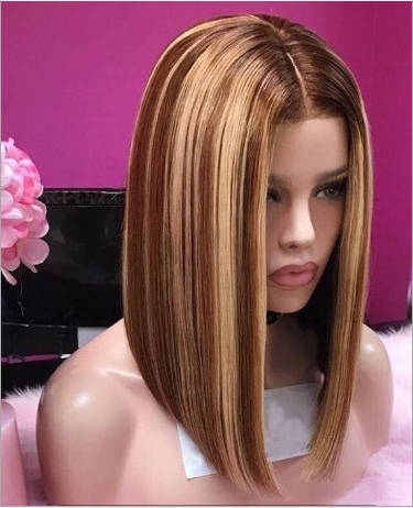 Gradient short straight hair wig with mid-point bangs wig ombre brown