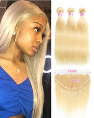 Remy Brazilian Human Hair Bundles Weaves with 13x4 Lace Frontal Straight Hair 613 Color