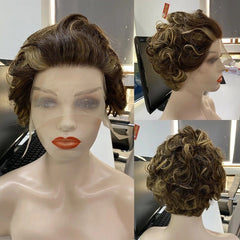 Short Pixie Cut Bob Wig Wave Highlight 4/27 Hair Wig 13x1 Lace Human Hair Wigs