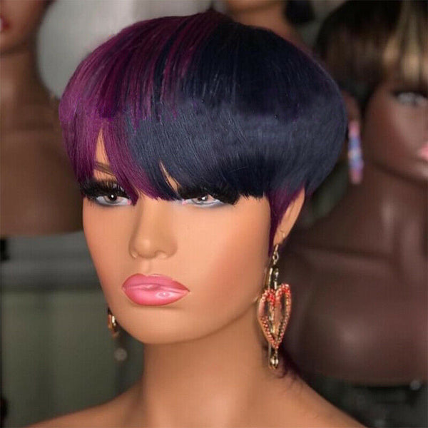 Oblique bangs black mixed purple short straight hair Synthetic Wigs Natural