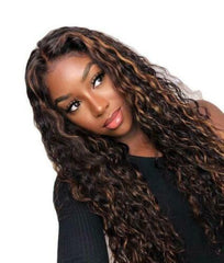 Long Curly Wig Brown Highlight Wigs for Women Wavy Synthetic Middle Part Wig