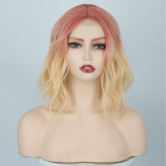 Short Water Wave 4x2 Lace Front Wig Orange Pink to Blonde Synthetic Wigs Natural