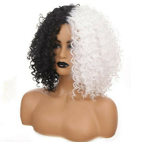Short Afro Curly Wave Wig Middle Part Hale Black and Half White Heat Resistant