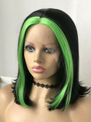 Women Short Bob Black Finger Green Wig Lace Front Wig Heat Safe Synthetic Wigs