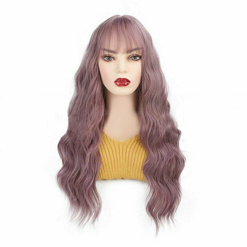 Purple Wig with Bangs Long Purple Wavy Wig for Women Synthetic Curly Wig