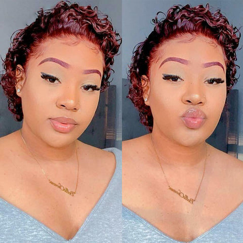 Fashion Wine Red Pixie Cut Short Deep Curly Lace Front Wigs Synthetic Curly Hair