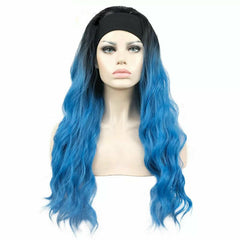 Long 24" Wavy Wigs Women Headband Wigs Black Blue Ombre Blue Synthetic Hair